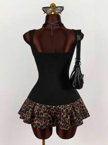 Amplova Women Vintage Wild Basic Square Neck Tight A-Line Pleated Mini Dress, Summer Leopard Print - Multicolor - View 4