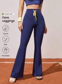 CourtClass Stitched Navy Blue & Yellow Casual Bell Bottom Pants, Versatile - Navy Blue - View 1