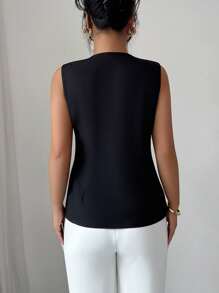 Elenzga 女士简约无袖金属翻领休闲西装外套 - 黑色 - 查看 2