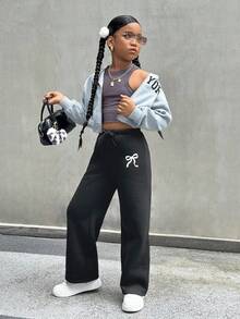 SHEIN 青少年女孩蝴蝶结印花黑色休闲运动裤，时尚百搭，宽松舒适，适合日常穿着的长裤 - 黑色 - 查看 5