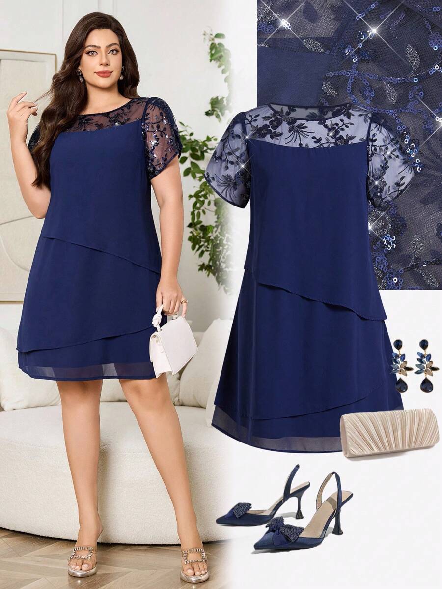 Ellevyn Váy voan xếp nếp nhiều lớp, cổ và tay áo cỡ lớn, đính sequin, màu xanh đậm, váy cho mẹ cô dâu, mùa hè, thời trang cho mùa hè