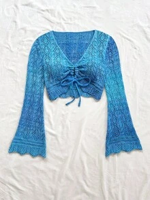 Soleia 女士镂空抽绳 V 领长袖短款毛衣，波西米亚风，波西米亚风，浪漫花卉，度假风，花卉 - 彩色 - 查看 5