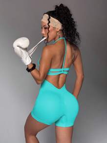 Slayform Women's Solid Color Backless Halter Neck Romper Jumpsuit - Blue - View 6