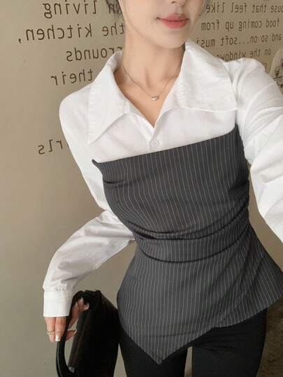 DAZY 女式休闲拼色条纹印花褶饰不对称下摆衬衫，适合春秋季节