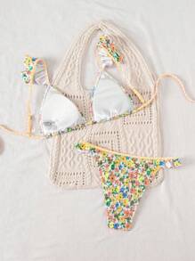 Swim Mod Conjunto de bikini triangular minimalista con estampado de buscadora de playa para mujer - Multicolor - Ver 2