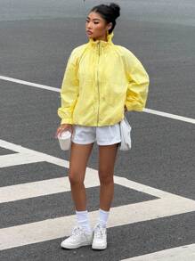 Muchica Chaqueta casual de manga larga con cremallera frontal de tejido amarillo para mujer, ropa de otoño para el aeropuerto