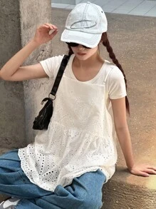 少女花卉刺绣荷叶边下摆宽松吊带背心，秋季 - 白色 - 查看 9