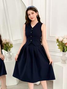 2 pezzi/Set Ragazze Adolescenti Top Canotta Tinta Unita e Gonna Plissettata, Set Elegante - Blu reale - Visualizzare 3
