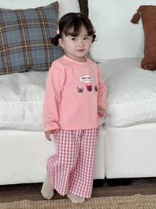 Dazy Kids 女婴卡通短袖休闲T恤和格子休闲裤睡衣套装，幼儿秋季服装 - 淺粉色 - 查看 5