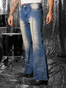 FeverCity 男式铆钉装饰喇叭口袋休闲牛仔裤 - 藍色 - 查看 1