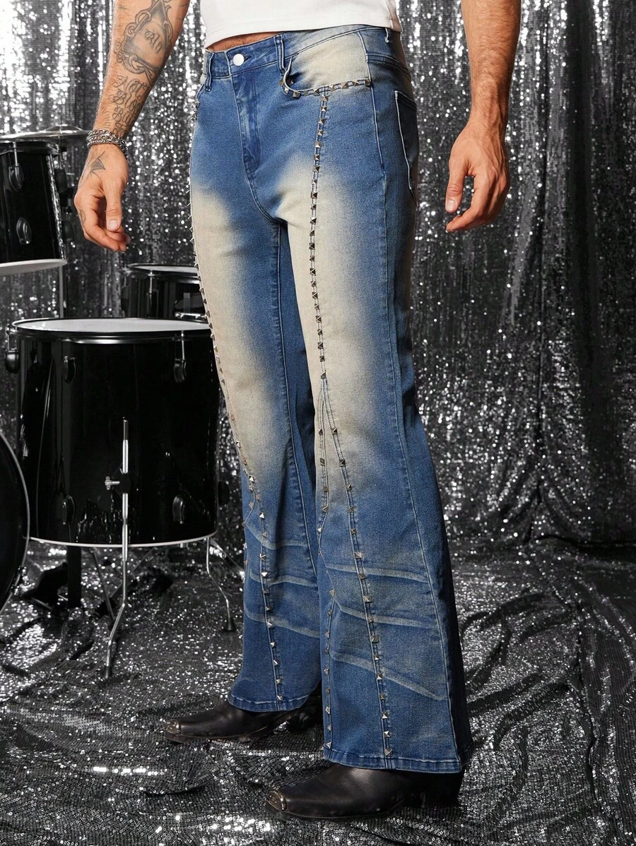 FeverCity 男式铆钉装饰喇叭口袋休闲牛仔裤 - 藍色 - 查看 1