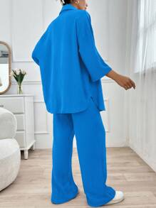 SHEIN 高个女款两件套，前扣长袖上衣搭配前系带长裤，简约风格 - 寶藍色 - 查看 2