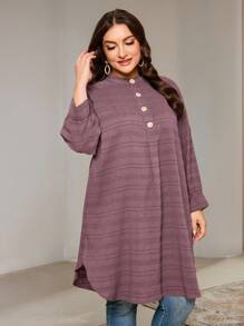 Veilorie Plus Size Women's Solid Color Drop Shoulder Long Sleeve Button Half-Placket Long Casual Shirt, Fall - Dusty Purple - View 4