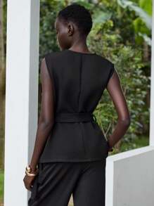 Lumivelle 女式V领简约纯色无袖西装外套 - 黑色 - 查看 3