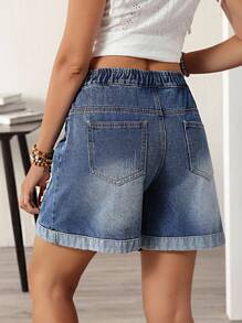 EMERY ROSE Women's Floral Embellished Drawstring Waist Insert Pockets Loose Denim Shorts - Blue - View 2