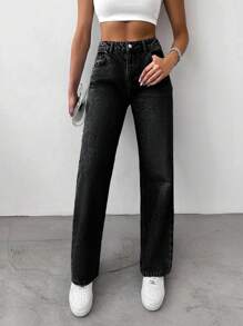 SHEIN Cottnline 100%Cotton Women's Vintage Washed Straight Leg Jeans - Black - View 4