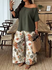 SHEIN PETITE CURVE Plus Size Asymmetrical Collar Solid Shirt And Floral Print Pants 2 Pieces Set
