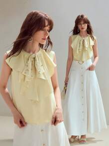 MOTF STUDIO FAUX PEARL & BEADED DETAIL RUFFLE TRIM TOP - Yellow - View 1