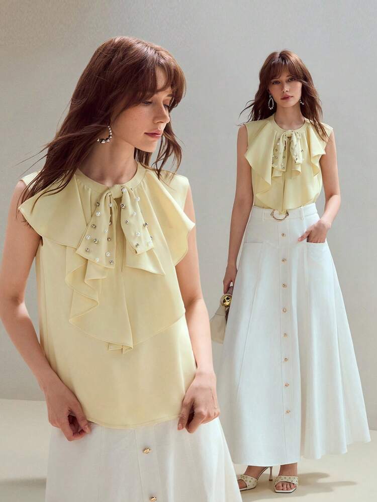 MOTF STUDIO FAUX PEARL & BEADED DETAIL RUFFLE TRIM TOP