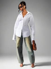 MISSGUIDED Classic White Button Down Office Blouse Professional Ruched Waist Tie Cuff Work Business Formal Collar Long Sleeve Smart Casual Career Top - White - View 4