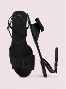 CUCCOO DOLLMOD Women's Black Satin Satin Bow Decor Round Toe Comfortable Summer Slip-On Flat Sandals, Vacation Style