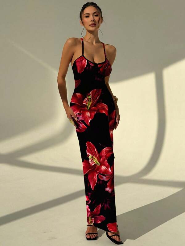 Aloruh Casual Elegant Red & Black Ombre Lily Flower Print Long Maxi Dress For Women, Simple Fashion Style Suitable For Summer Holiday, Beach, Party Suitable For Going Out