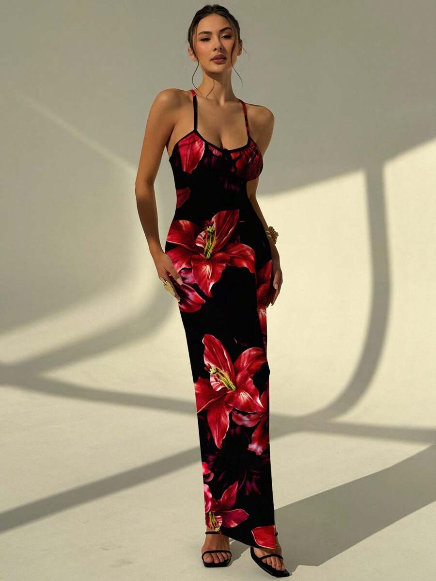 Aloruh 休闲优雅红黑渐变百合花印花女式长款连衣裙，简约时尚风格，适合夏季度假、海滩、派对 - 彩色 - 查看 1