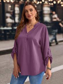 EMERY ROSE Long Sleeve Woven Purple Top For Women With Roll-Up Sleeves And Regular Hem,Fall Clothes For Women - Purple - View 3