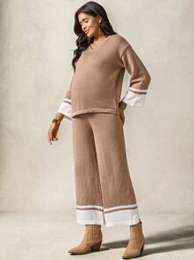 Boho Mama 2pcs Maternity Casual Loose Fit Long Sleeve Knitted Sweater Top And Wide Leg Pants Set ,Fall Women Clothes,Fall Outfits For Women