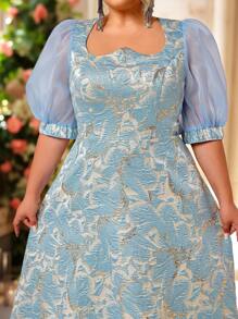 SHEIN Belle 加大码夏季优雅浪漫奢华蓝色卢勒克斯提花缎不对称领口设计泡泡袖修身宽摆下摆连衣裙，适合晚会、舞会、约会、婚礼、毕业典礼、度假 - 藍色 - 查看 3