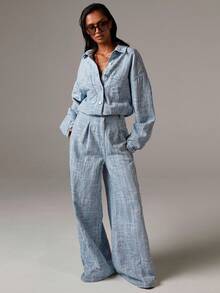 Athîral Autumn New Women's Chambray Denim Drop Shoulder Long Sleeve Wide Leg Denim Jumpsuit, Retro, Business Casual Women's Wear, 90s Fashion, Light Blue, Mopping Pants, Wide Leg Denim Jumpsuit, Suitable For Going Out And Partying