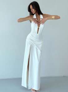 Aloruh 全新性感高开叉露背吊带系带修身弹力镂空修身全长派对礼服，白色，生日/活动鸡尾酒会礼服 - 白色 - 查看 5