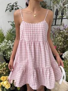 MainGRL 女式夏季新款格纹背心裙细肩带露背连衣裙 - 粉色 - 查看 2