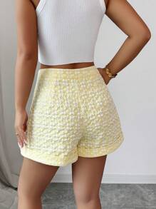 Elenzga 女士夏季优雅 A 字形前开襟褶皱斜口袋纹理面料奶油黄色短裤，适合约会、聚会和各种场合 - 黃色 - 查看 2