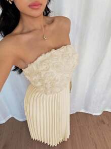 Rafferiza 女式夏季 3D 花卉拼布荷叶边下摆连衣裙，优雅迷人 - 杏色 - 查看 2