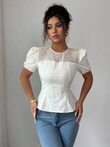 Elenzga Puff Sleeve Ruffled Hem Square Neck Square Neck Waist Decorated Pearl Detail Elegant Romantic Cream Yellow Ladies Blouse