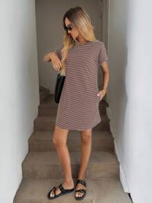 SHEIN LUNE 条纹短袖休闲连衣裙，简约时尚，适合日常穿着