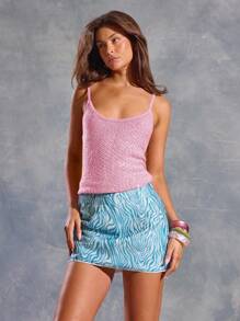 MUSERA 圆领吊带亮片上衣，春夏伊比沙岛Y2K酷女孩节日锐舞度假俱乐部可爱秋季闪亮别致毛衣嘉年华假期 - 粉色 - 查看 2