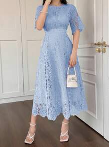 DAZY Elegant & Youthful Water-Soluble Lace Short Sleeve Mini Dress, Chic & Ladylike - Blue - View 5