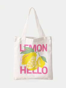 ROMWE Fairycore Reusable Lemon Print Canvas Tote Bag, With Graphic Pattern Shoulder Bag, Suitable For Shopping, Sporty, Preppy, Color Block, Letter Print - Black - View 1