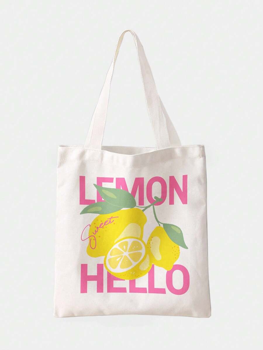 ROMWE Fairycore Reusable Lemon Print Canvas Tote Bag, With Graphic Pattern Shoulder Bag, Suitable For Shopping, Sporty, Preppy, Color Block, Letter Print - Black - View 1