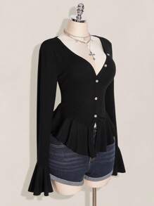 SHEIN ICON 加大码 V 领荷叶边下摆修身长袖针织毛衣，返校日穿，秋冬长袖上衣 - 黑色 - 查看 5