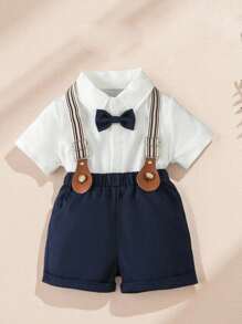 Souflis Souflis 嬰兒男寶寶蝴蝶結前衣+吊帶短褲+帽子