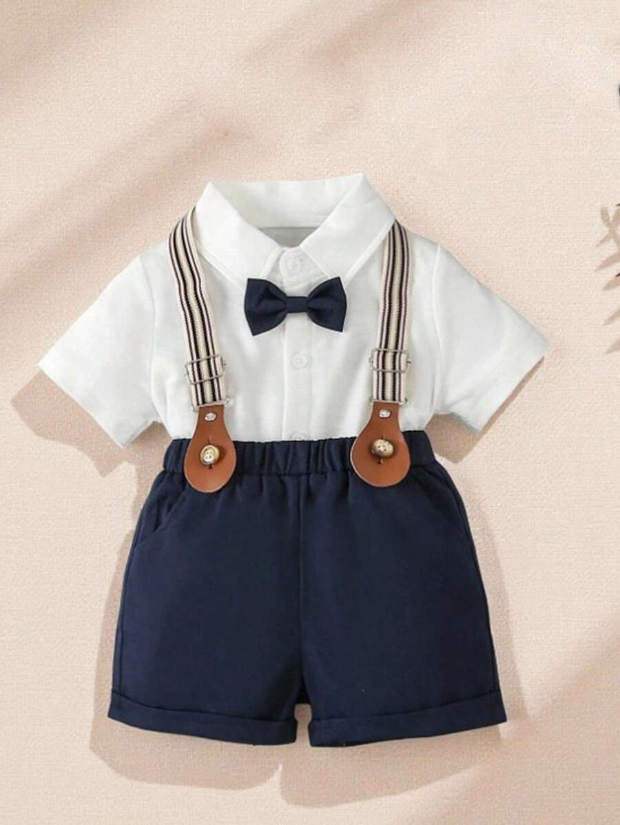 Souflis Souflis 嬰兒男寶寶蝴蝶結前衣+吊帶短褲+帽子