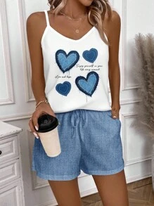 EMERY ROSE 2 件休闲简约像素心针织背心和短裤套装，女士夏季家居服女士短套装夏季短套装女士背心和短裤套装适合外出 - 彩色 - 查看 4