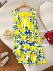 Veykashi 大码女装节日复古假日风格法式夏季清新可爱柠檬图案印花系带无袖休闲连衣裙 - 黃色 - 查看 8