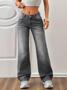 EURMUSE 休闲水洗低腰直筒牛仔裤 - 中等水洗藍 - 查看 3