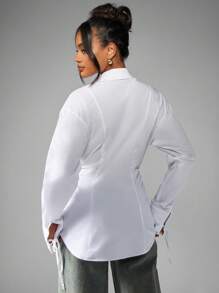 MISSGUIDED Classic White Button Down Office Blouse Professional Ruched Waist Tie Cuff Work Business Formal Collar Long Sleeve Smart Casual Career Top - White - View 2