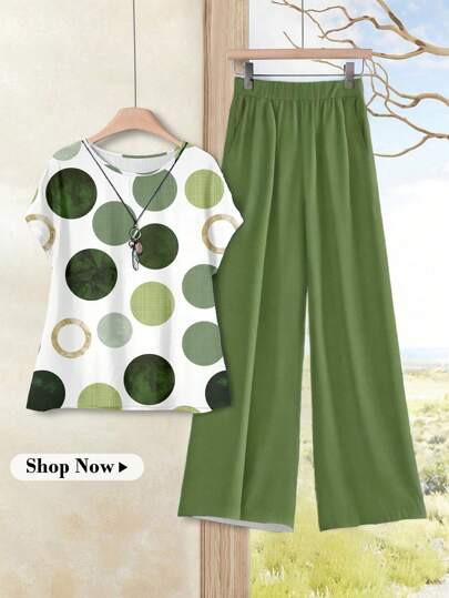 Rusticease 2件套女士百搭波点印花上衣和裤子，休闲春夏海岛度假装，休闲