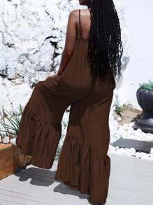 INAWLY 女式纯色褶皱口袋阔腿连体裤，时尚休闲，适合夏季 - 棕色 - 查看 2